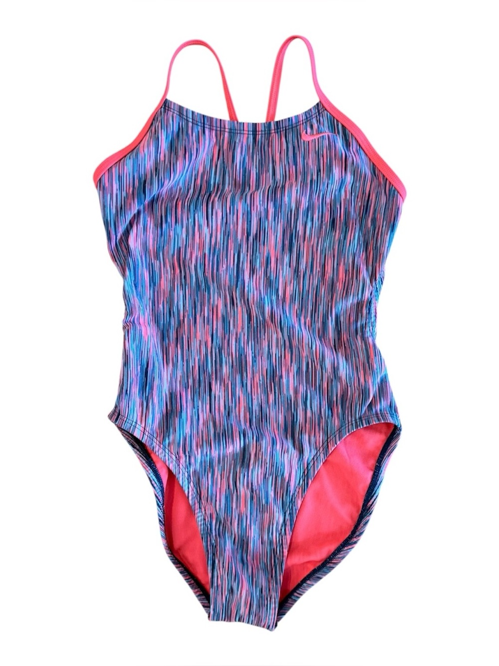 Nike Girls' Pink and Blue Striped One-Piece Swimsuit